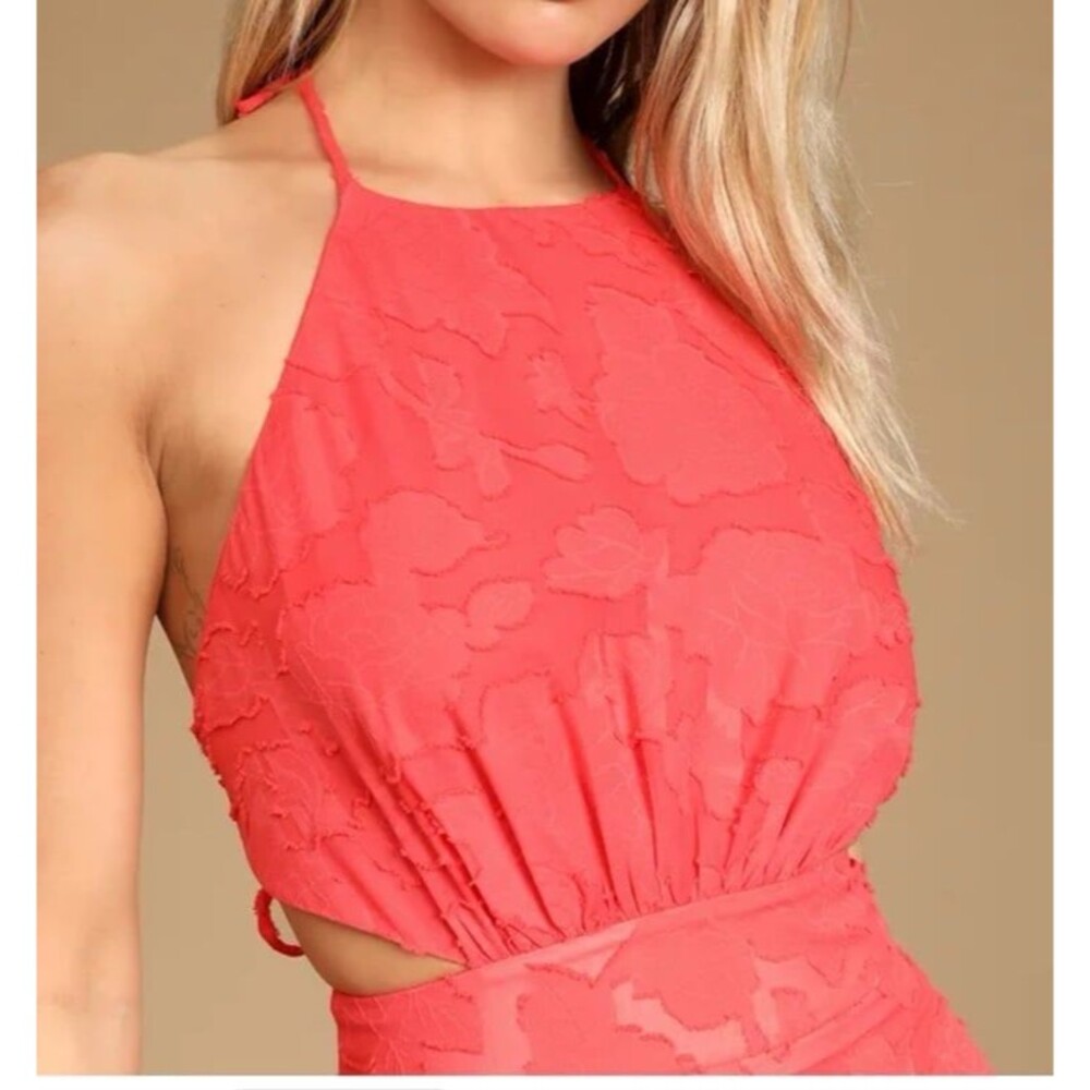 Lulus Touch of Elegance Coral Floral Burnout Halter Maxi Dress XL - Picture 3 of 10